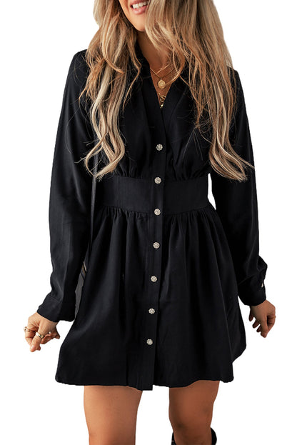 Black Cinched High Waist Long Sleeve Shirt Dress