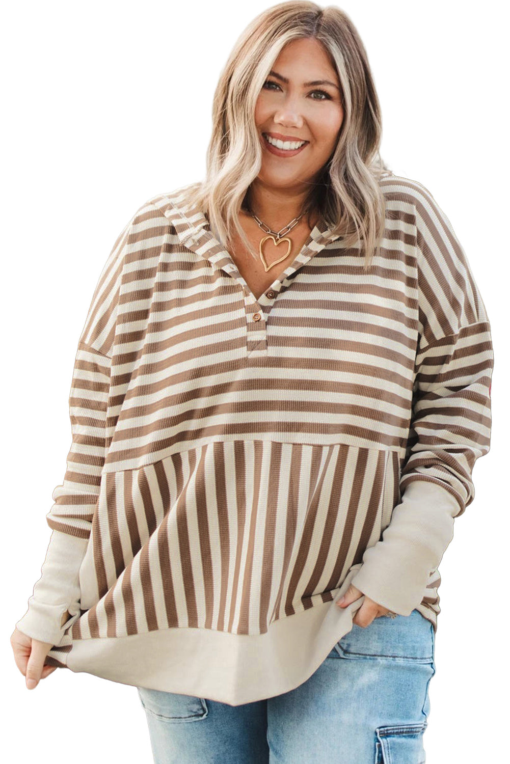 Plus Size Brown Stripe Drop Sleeve Henley Hoodie