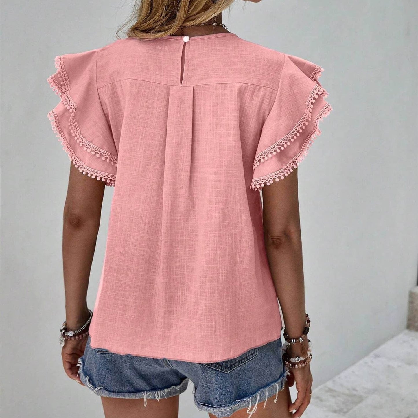 Round Neck Loose Ruffle Short Sleeved Top