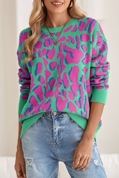 Green Abstract Print Ribbed Trim Baggy Sweater