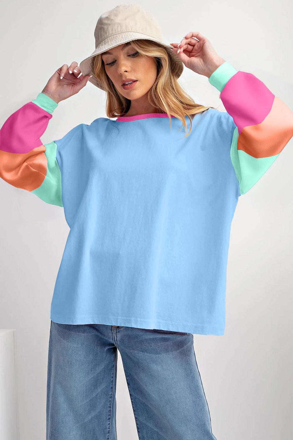 Blue Colorblock Long Sleeve Loose Top