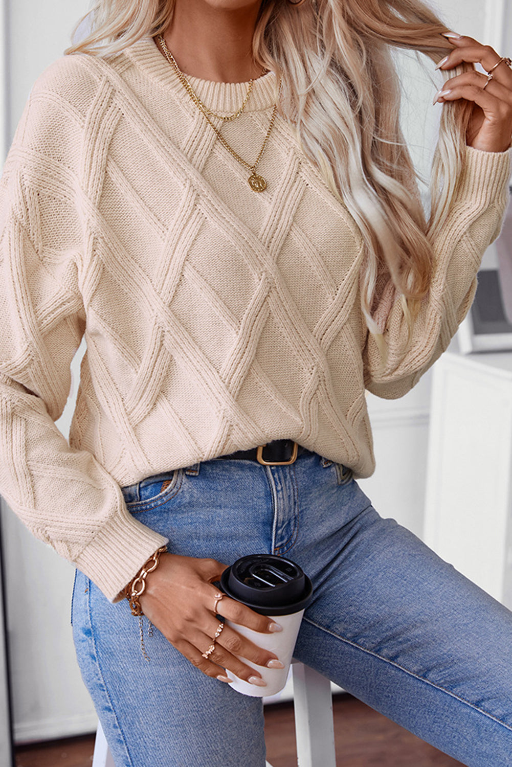 Apricot Diamond Pattern Textured Crew Neck Sweater