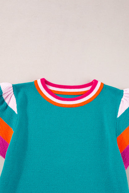 Turquoise Contrast Flutter Sleeves Knitted Sweater Shirt