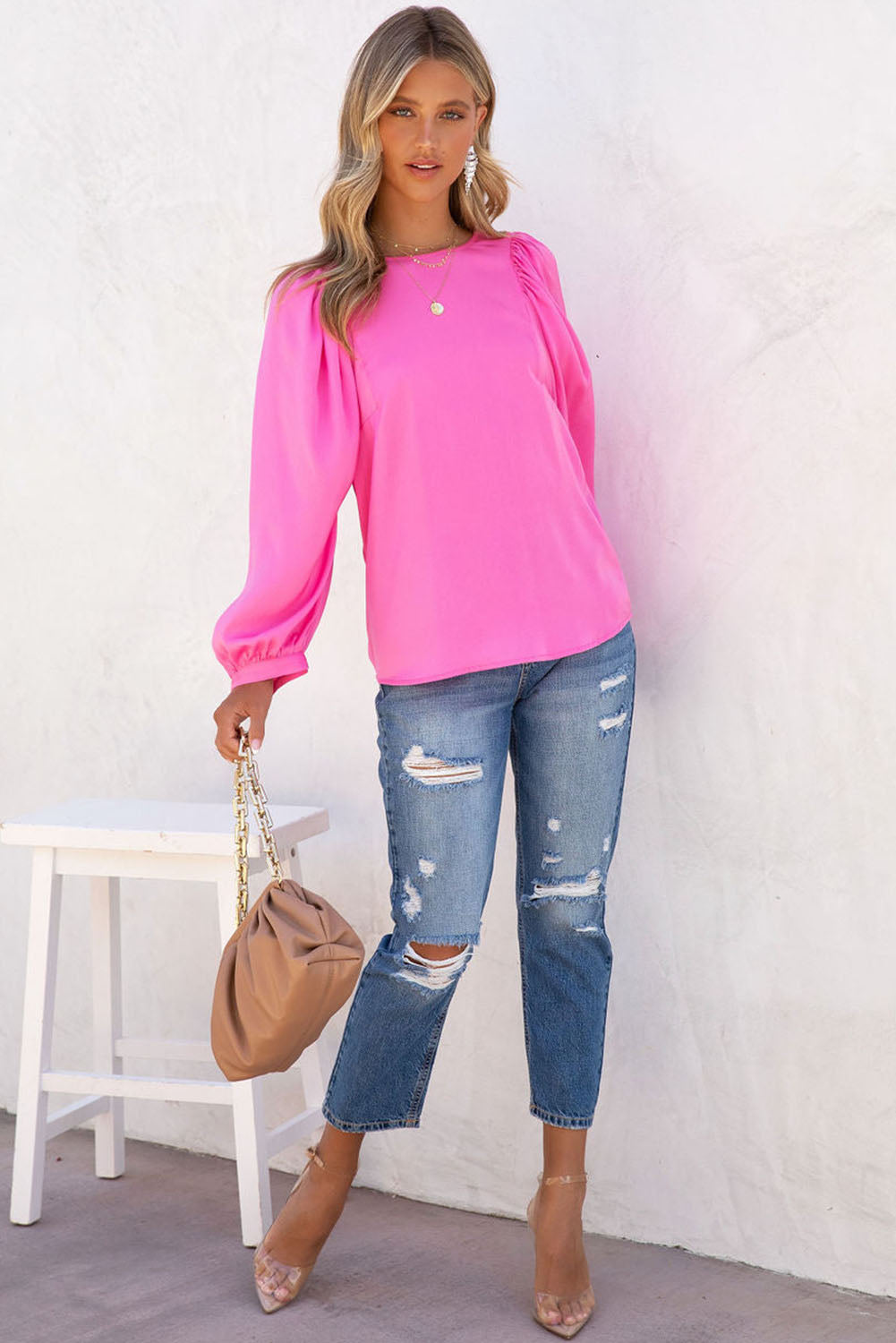 Plain Satin Puff Long Sleeve Crewneck Blouse