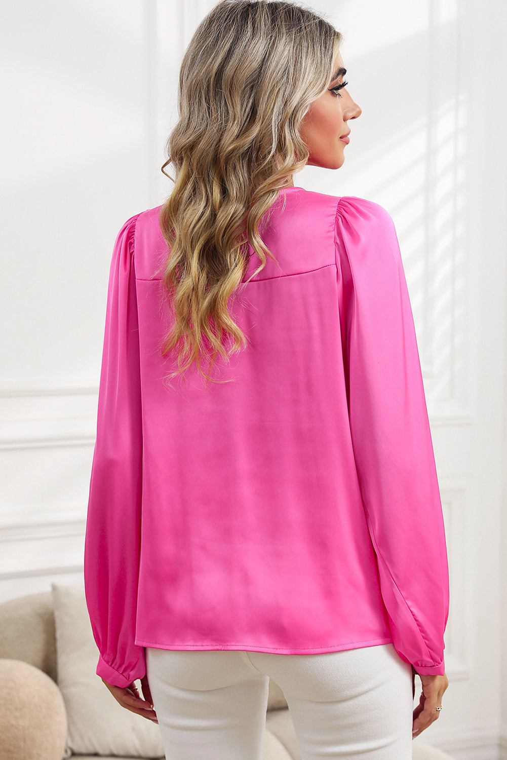 Plain Satin Puff Long Sleeve Crewneck Blouse