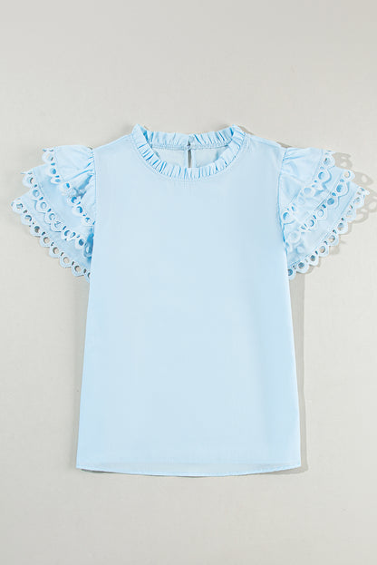 Light Blue Layered Ric Rac Cap Sleeve Blouse