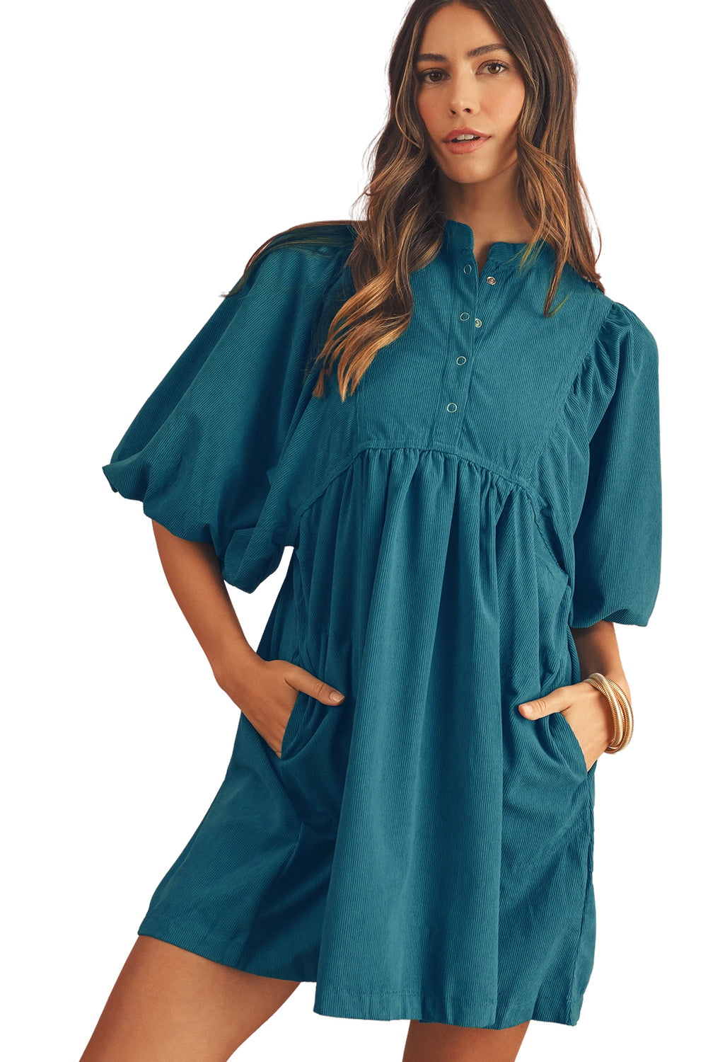 Snap Button Empire Waist Lantern Sleeve Corduroy Dress