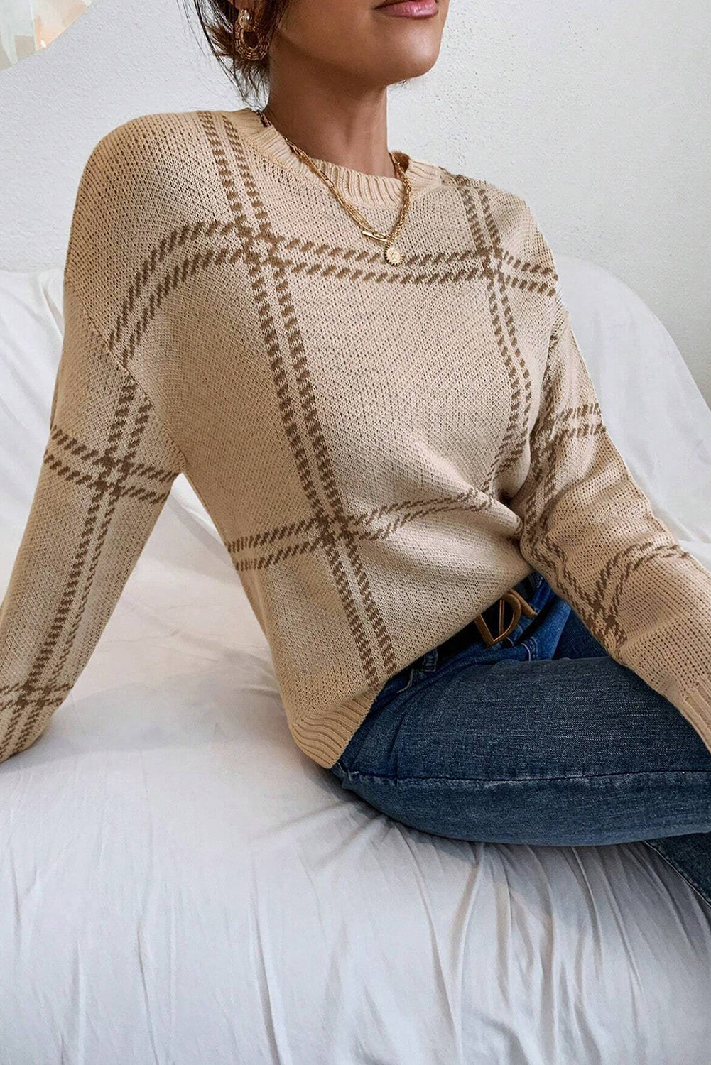 Plaid Pattern Knitted Drop Shoulder Sweater