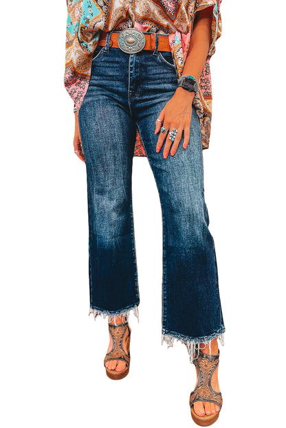 Blue Mineral Wash Raw Hem High Waist Flared Jeans