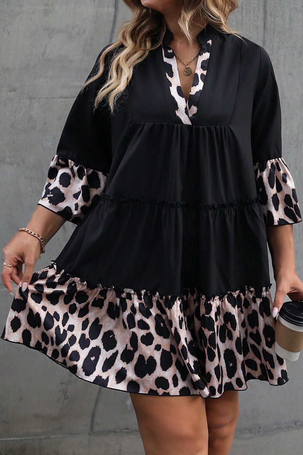 Plus Size Black Leopard Patchwork Split Neck Ruffle Dress