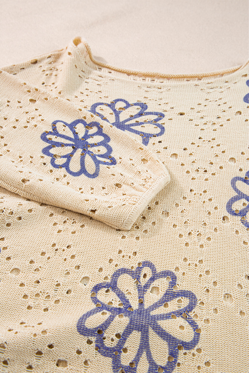 White Flower Print Drop Shoulder Hollow Knit Sweater