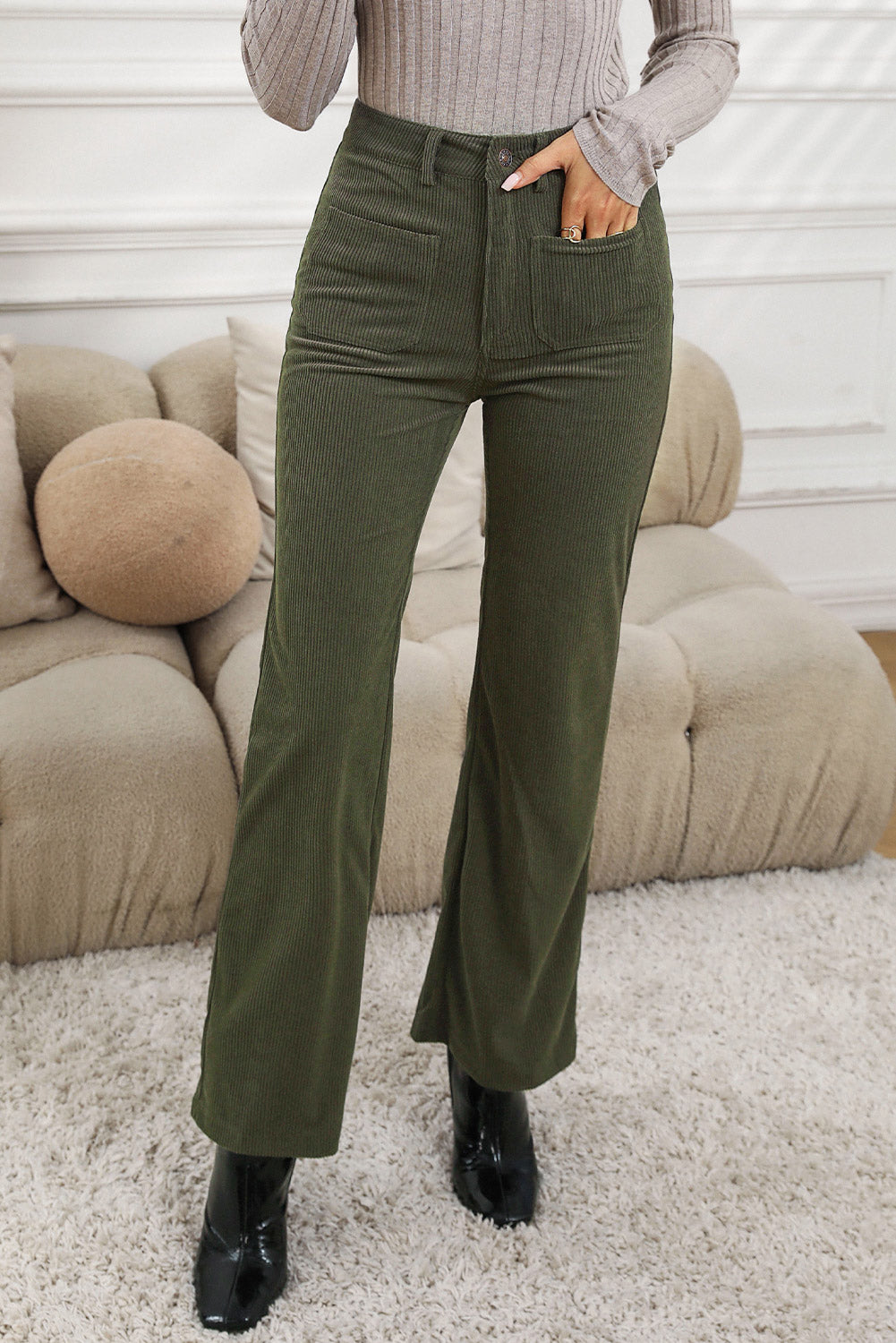 High Waist Pockets Corduroy Flare Leg Pants