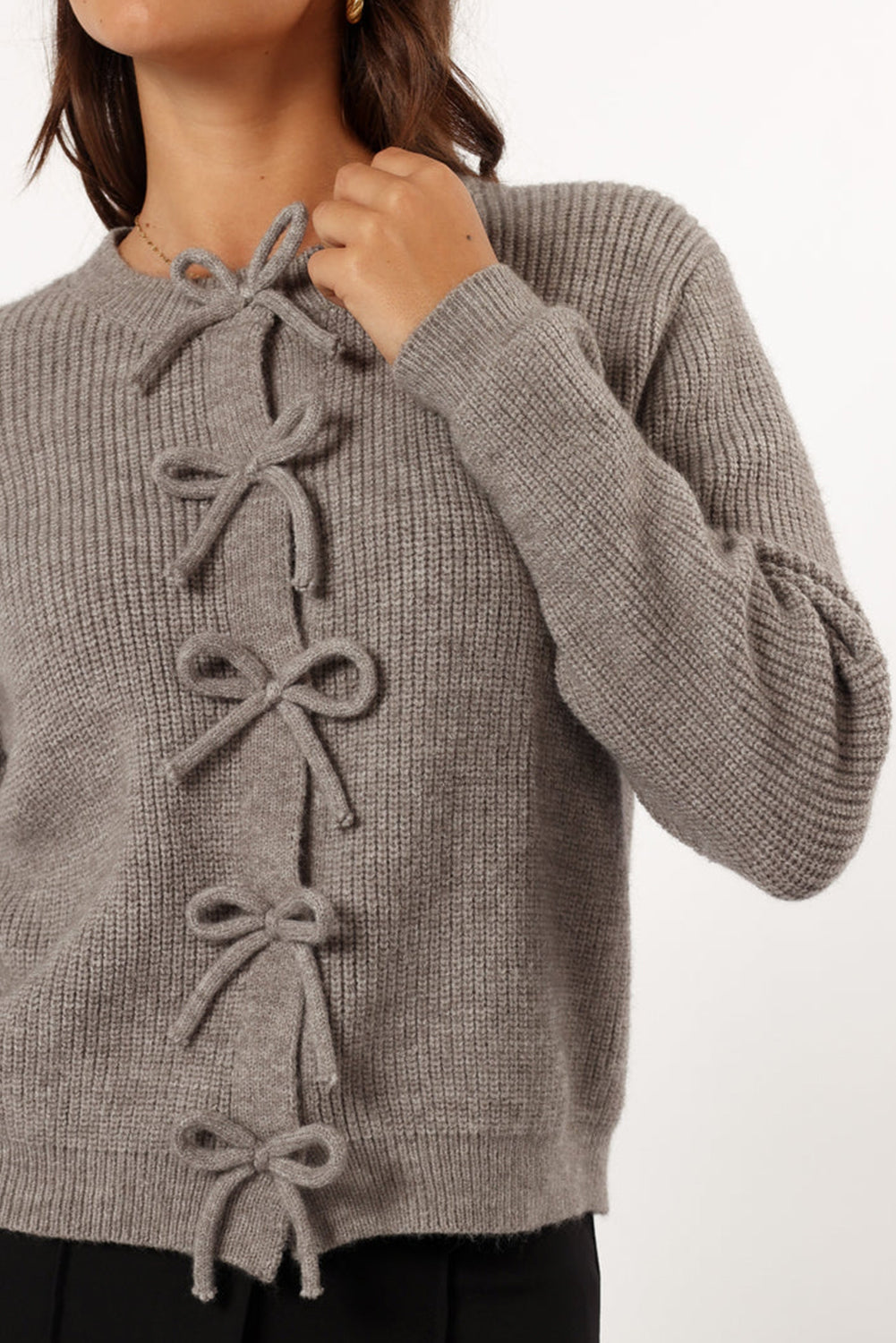 Gray Sweet Bow Front Cropped Knit Cardigan