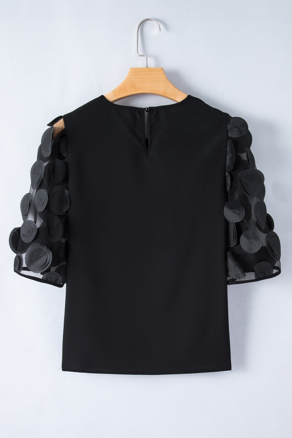 Black Contrast Applique Mesh Short Sleeve Blouse