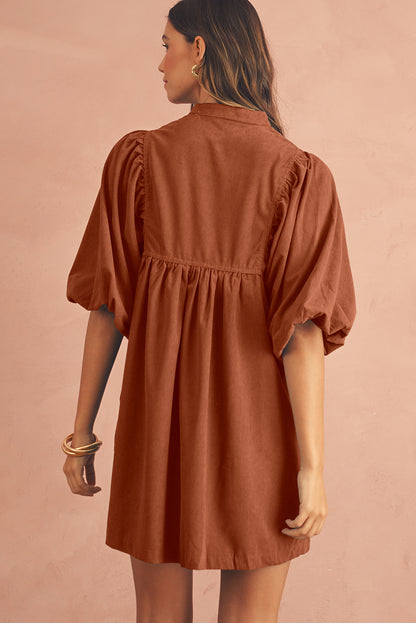 Snap Button Empire Waist Lantern Sleeve Corduroy Dress