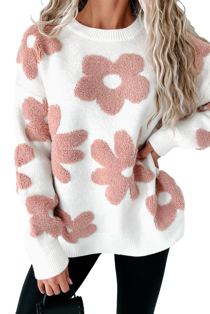 White Flower Print Loose Sweater