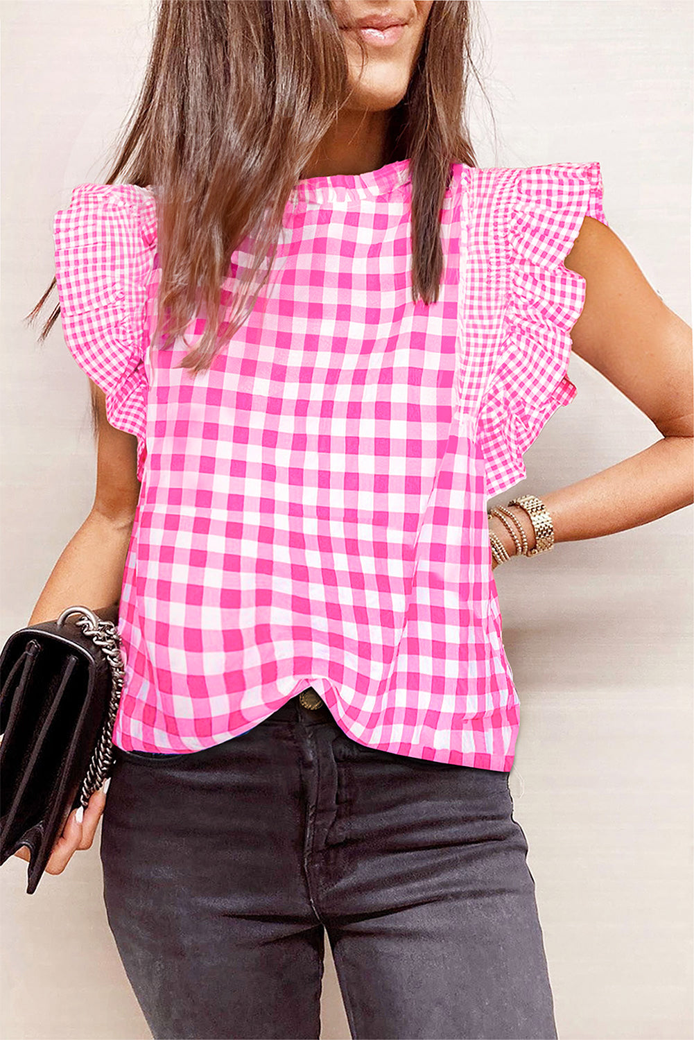 Rose Red Checkered Ruffled Trim Frilled Neck Blouse