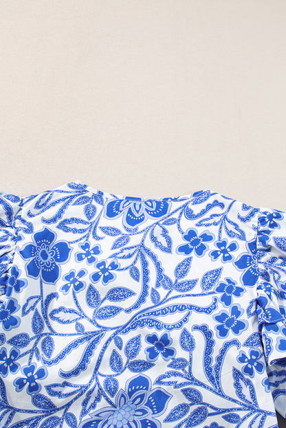 Blue Floral Print Ruffled Bubble Sleeve Blouse