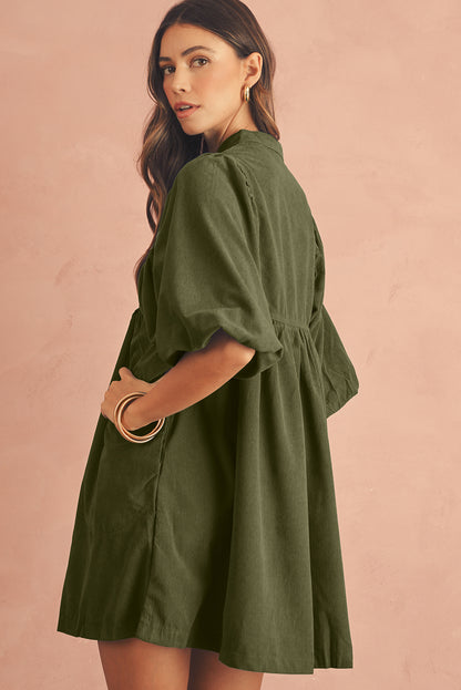 Snap Button Empire Waist Lantern Sleeve Corduroy Dress