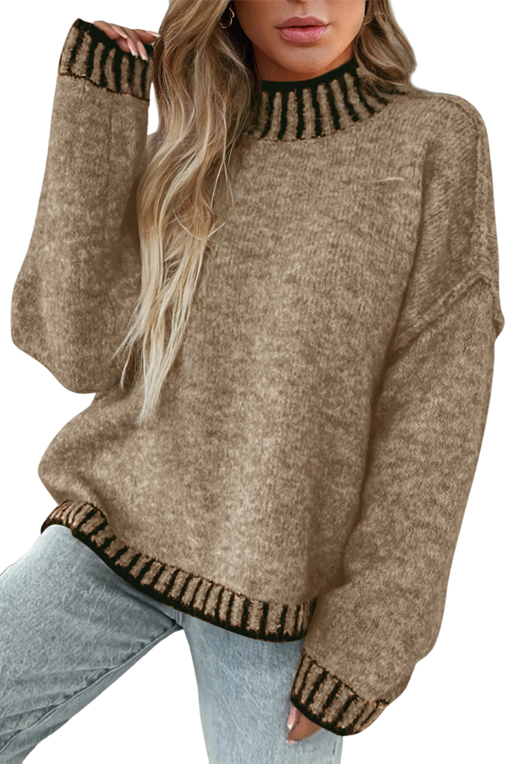 Pale Khaki Contrast Trim Mock Neck Drop Shoulder Sweater