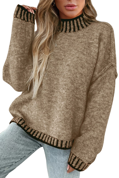 Pale Khaki Contrast Trim Mock Neck Drop Shoulder Sweater