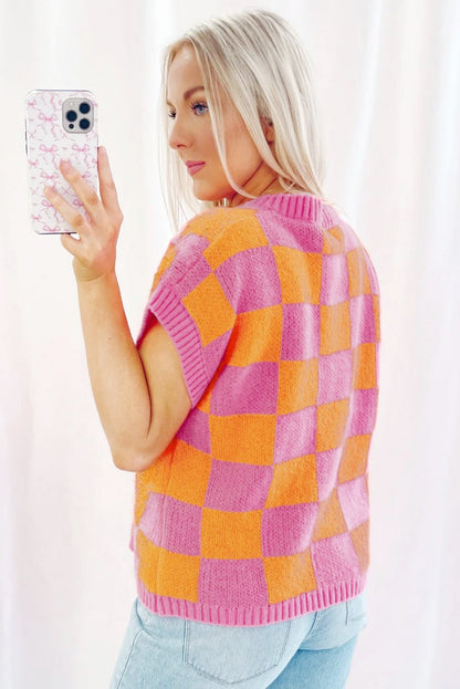 Strawberry Pink Colorblock Plaid Knit Dolman Top