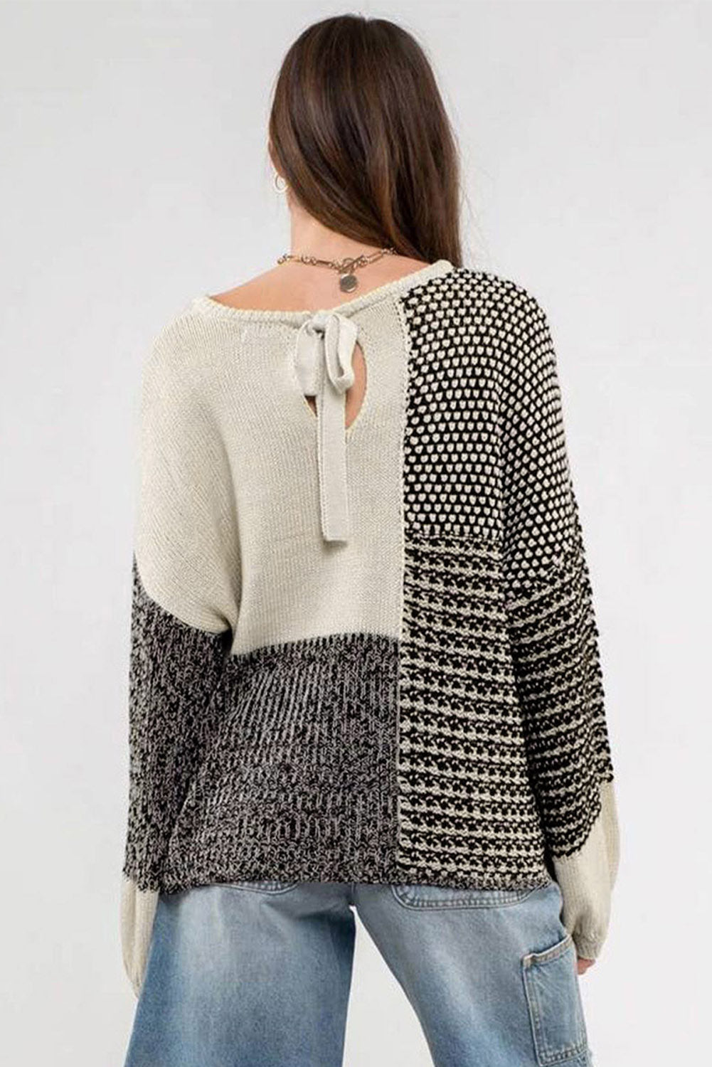 Colorblock Tie Back Drop Shoulder Knit Sweater