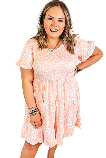 Plus Size Pink Leopard Print High Waist Ruffle Sleeve Dress