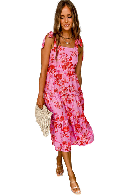 Pink Tie Shoulder Straps Tiered Floral Dress