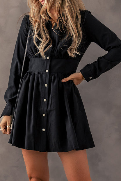 Black Cinched High Waist Long Sleeve Shirt Dress