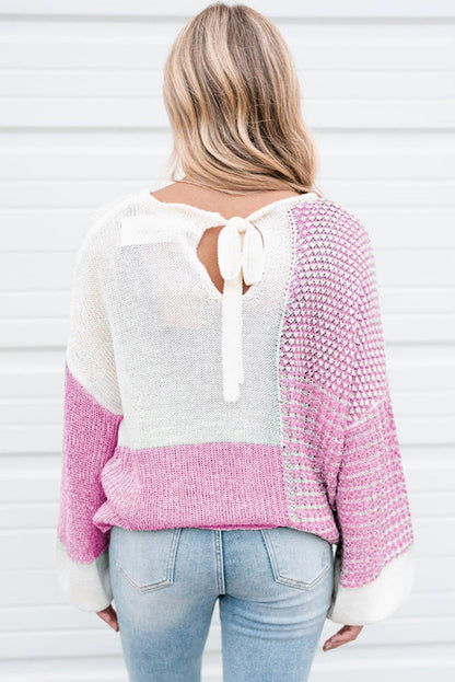 Colorblock Tie Back Drop Shoulder Knit Sweater