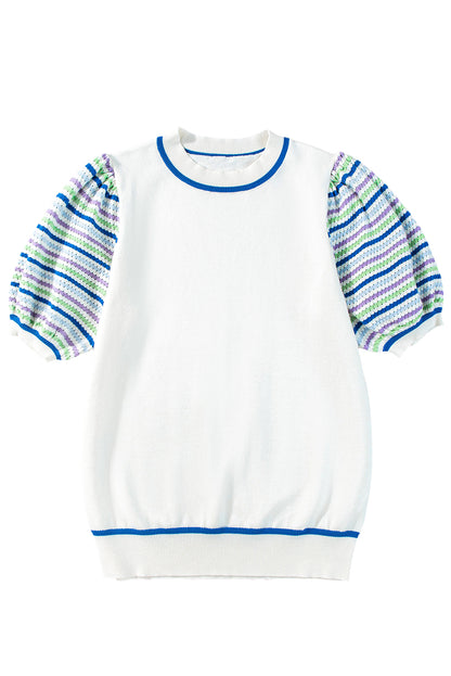 White Striped Hollowed Puff Sleeve Knitted Top