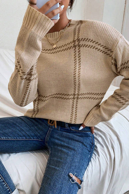 Plaid Pattern Knitted Drop Shoulder Sweater