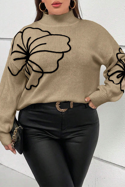 Plus Size Dark Khaki Flower Pattern High Neck Sweater