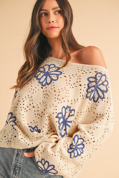 White Flower Print Drop Shoulder Hollow Knit Sweater