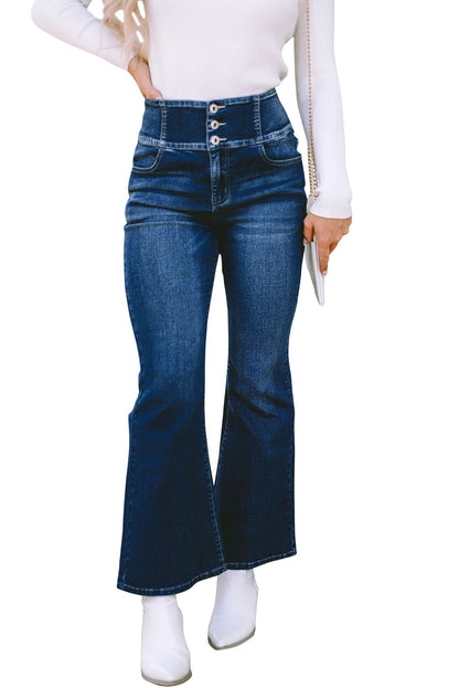 Blue Button Front Elastic Wide Waistband Back Flare Jeans