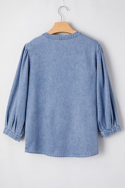 Myosotis Denim Bow Tie Pleated Puff Sleeve Top