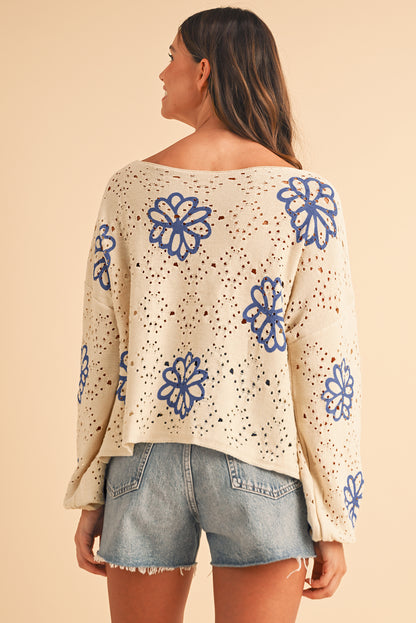 White Flower Print Drop Shoulder Hollow Knit Sweater