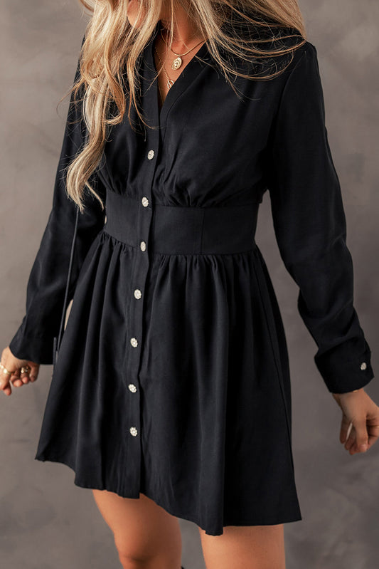 Black Cinched High Waist Long Sleeve Shirt Dress