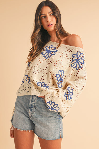 White Flower Print Drop Shoulder Hollow Knit Sweater