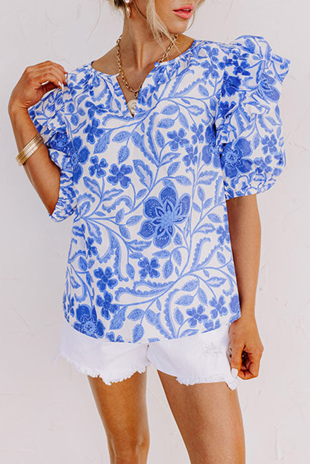 Blue Floral Print Ruffled Bubble Sleeve Blouse