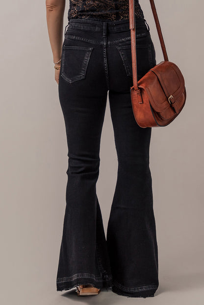 Black High Waist Button Front Flare Jeans