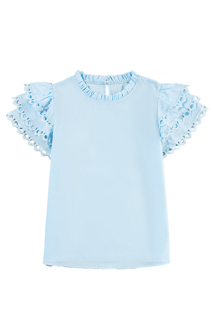 Light Blue Layered Ric Rac Cap Sleeve Blouse