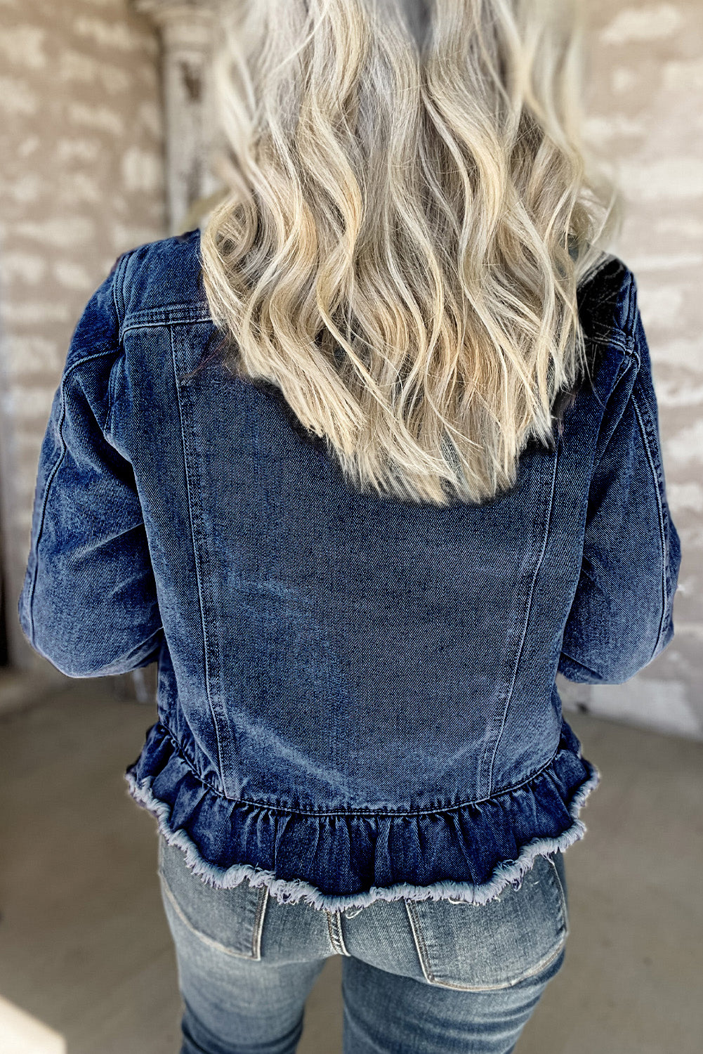 Blue Ruffle Raw Hem Flap Pockets Denim Jacket