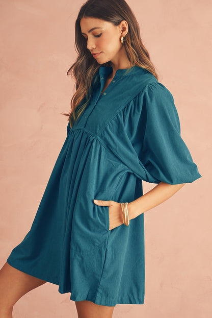 Snap Button Empire Waist Lantern Sleeve Corduroy Dress