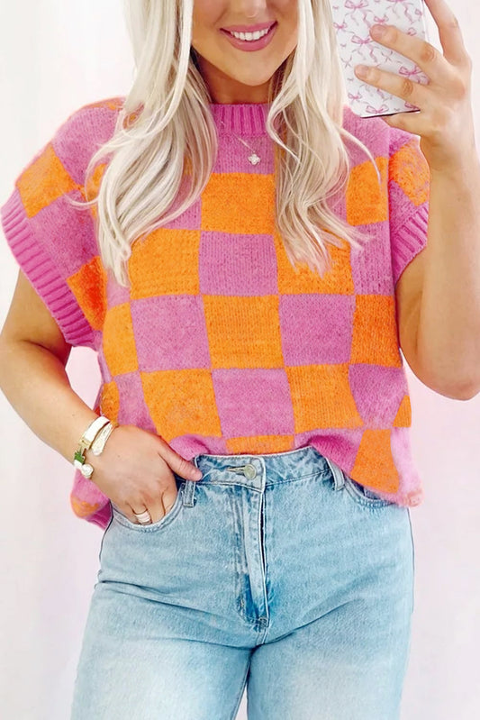 Strawberry Pink Colorblock Plaid Knit Dolman Top