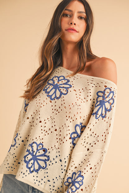 White Flower Print Drop Shoulder Hollow Knit Sweater