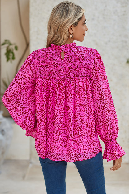 Rose Leopard Shirred Puff Sleeve Flowy Blouse