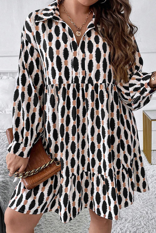 Plus Size Apricot Abstract Print V Neck Mini Dress