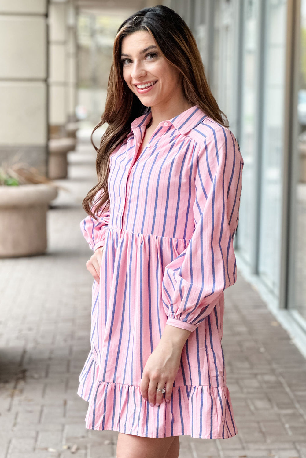 Pink Striped Button up Mini Shirt Dress